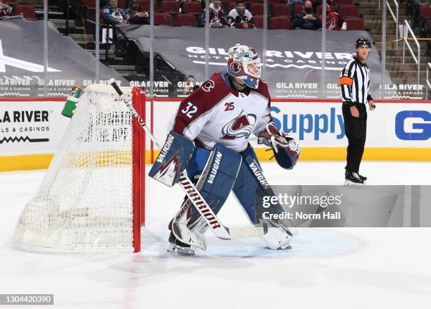 Hunter Miska of the Colorado Avalanche gets ready to make a save against the Arizona Coyotes at Gila River Arena on February 26, 2021 in Glendale,...
