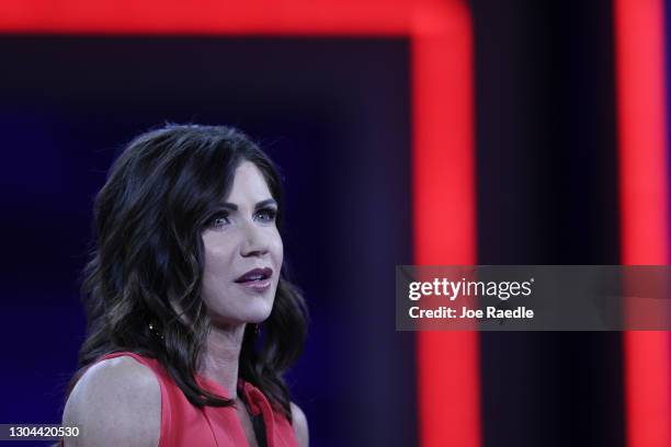 South Dakota Gov. Kristi Noem addresses the Conservative Political Action Conference held in the Hyatt Regency on February 27, 2021 in Orlando,...