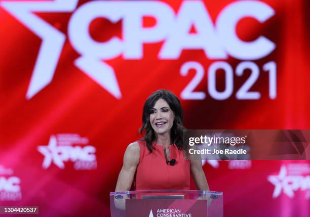 South Dakota Gov. Kristi Noem addresses the Conservative Political Action Conference held in the Hyatt Regency on February 27, 2021 in Orlando,...