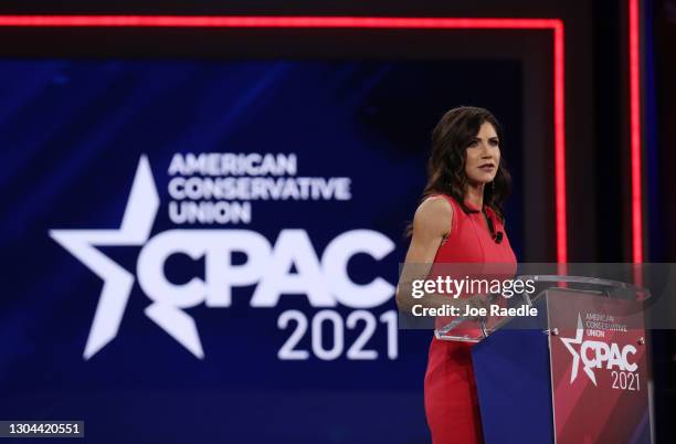 South Dakota Gov. Kristi Noem addresses the Conservative Political Action Conference held in the Hyatt Regency on February 27, 2021 in Orlando,...