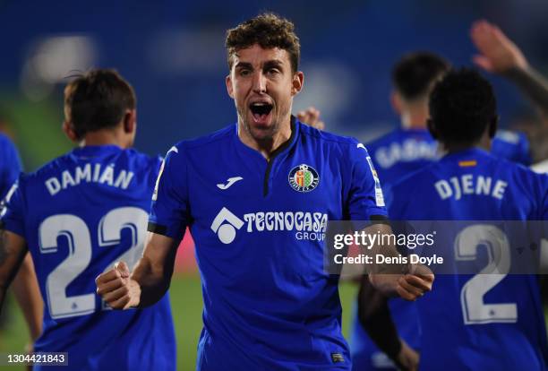 Jaime Mata of Getafe CF celebrates after scoring their side's second goal during the La Liga Santander match between Getafe CF and Valencia CF at...