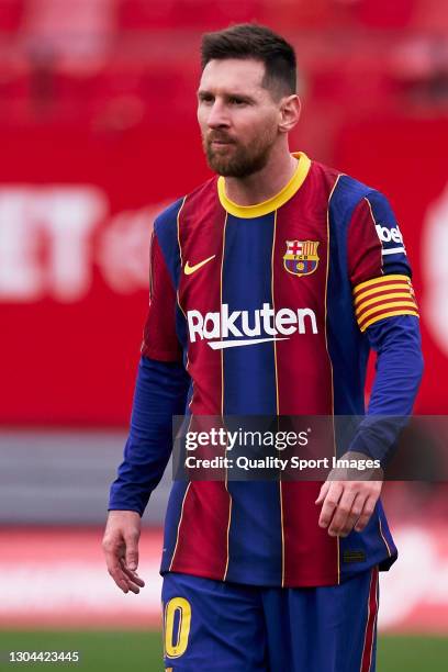 Lionel Messi of FC Barcelona looks on during the La Liga Santander match between Sevilla FC and FC Barcelona at Estadio Ramon Sanchez Pizjuan on...