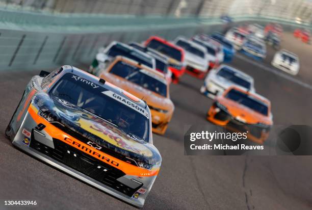 Noah Gragson, driver of the Bass Pro Shops/True Timber/BRCC Chevrolet, leads the field during the NASCAR Xfinity Series Contender Boats 250 at...