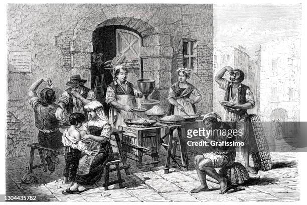 italian village people preparing and eating macaroni 1861 - macaroni stock illustrations