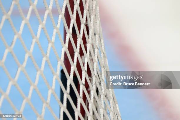 Close-up view of the goal net prior to the game between the New York Islanders and the Pittsburgh Penguins at the Nassau Coliseum on February 27,...