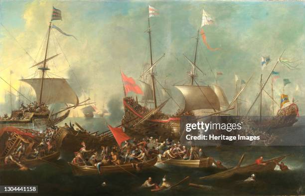 The Battle of Lepanto - A Sea Battle between Christians and Barbary Corsairs, 1615-20. The Battle of Lepanto was fought between the Holy League, a...
