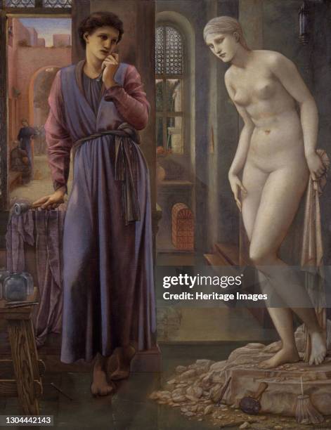 Pygmalion and the Image - The Hand Refrains, 1878 Two in a series of four paintings. Artist Sir Edward Coley Burne-Jones.