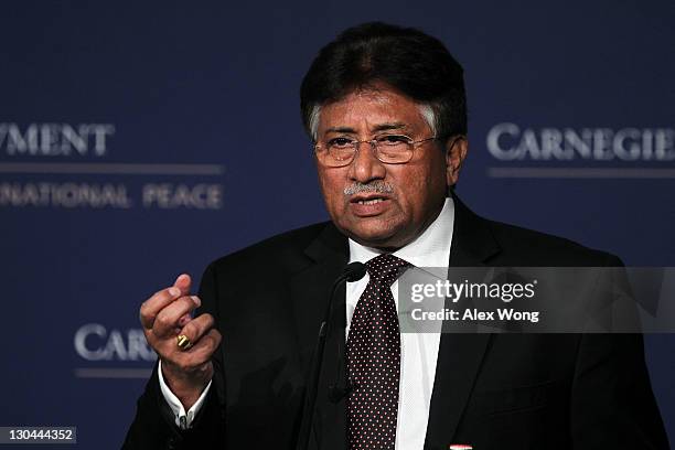 Former Pakistan President Pervez Musharraf speaks at The Carnegie Endowment for International Peace October 26, 2011 in Washington, DC. Musharraf...