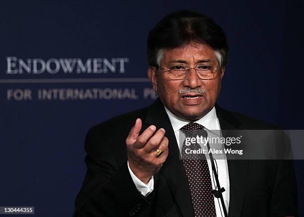 Former Pakistan President Pervez Musharraf speaks at The Carnegie Endowment for International Peace October 26, 2011 in Washington, DC. Musharraf...