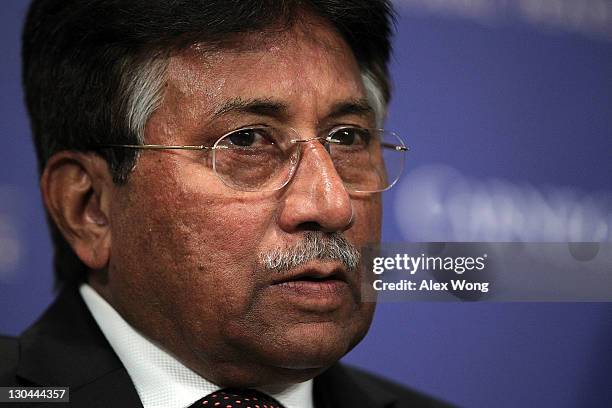 Former Pakistan President Pervez Musharraf speaks at The Carnegie Endowment for International Peace October 26, 2011 in Washington, DC. Musharraf...