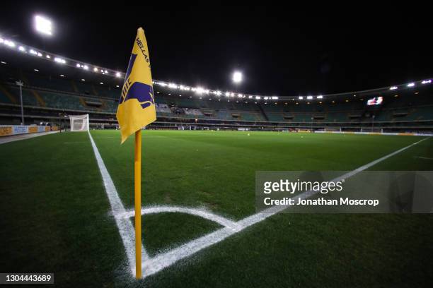 General view of the stadium showing a Hellas Verona branded corner flag prior to the Serie A match between Hellas Verona FC and Juventus at Stadio...