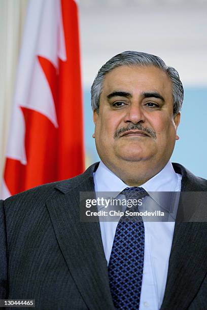 Bahraini Foreign Minister Shaikh Khalid bin Ahmed al-Khalifa participates in a media availability in the Treaty Room before bilaterial meetings with...