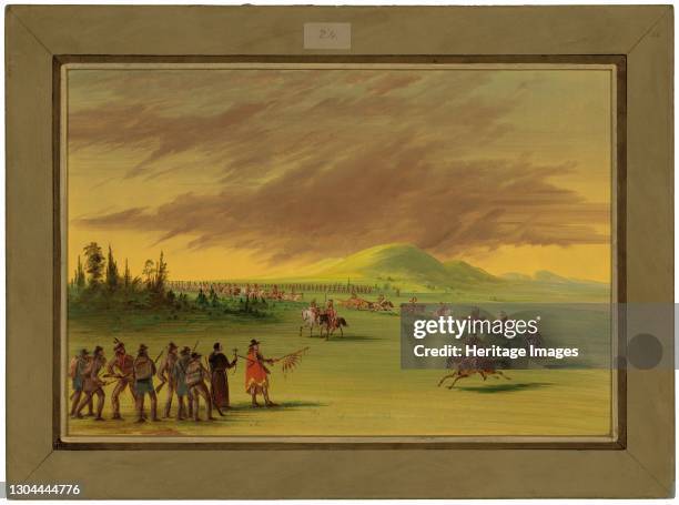 La Salle Meets a War Party of Cenis Indians on a Texas Prairie. April 25 1847/1848. Artist George Catlin.