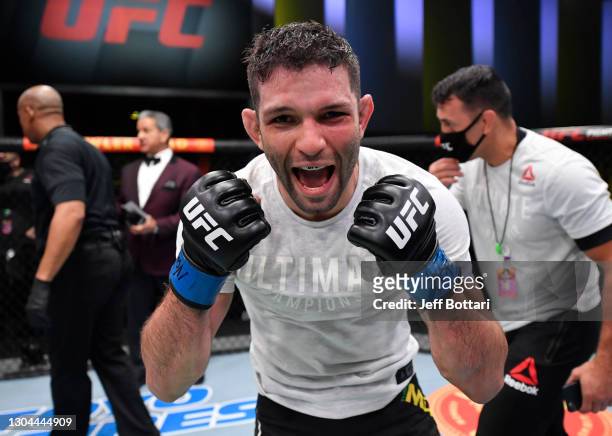 Thiago Moises of Brazil reacts after his victory over Alexander Hernandez in a lightweight bout during the UFC Fight Night event at UFC APEX on...