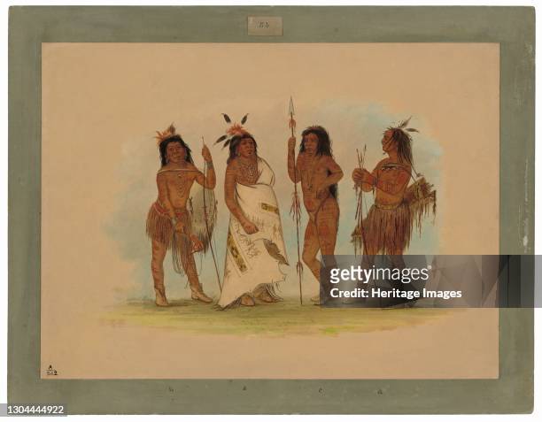 Apachee Chief and Three Warriors, 1855/1869. Be-las-o-qúa-na with Nic-wár-ra, Nah-qúat-se-o and Hú-tah Artist George Catlin.