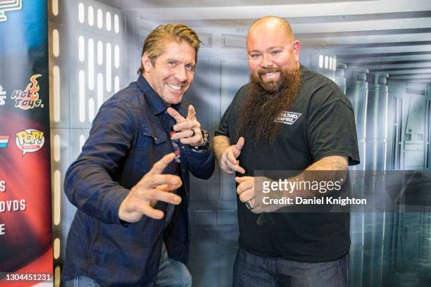 Actor Ray Park poses for photos with Inland Empire Toy Store owner Greg Godwin at Inland Empire Toy Store on February 27, 2021 in Redlands,...