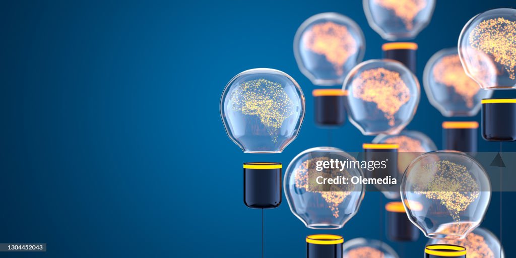 Intelligenza Artificiale concetto digitale cervelli astratti all'interno lampadina