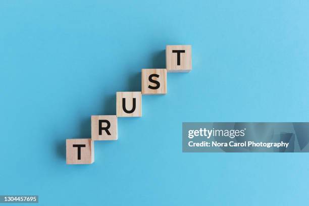 trust word on wood block - trust concept stock-fotos und bilder