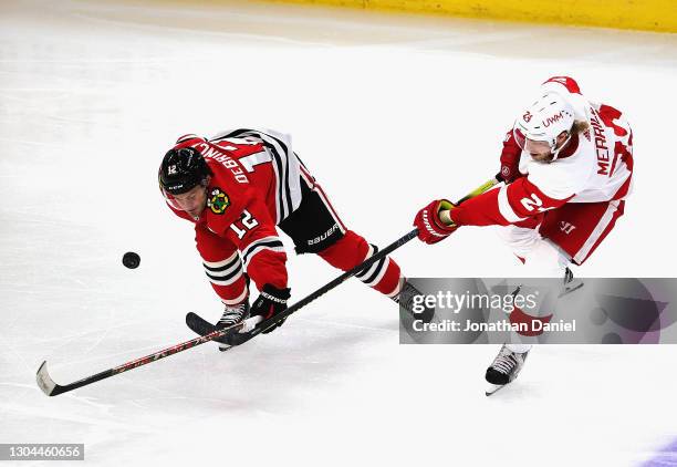 Jon Merrill of the Detroit Red Wings takes a shot against Alex DeBrincat of the Chicago Blackhawks at the United Center on February 27, 2021 in...