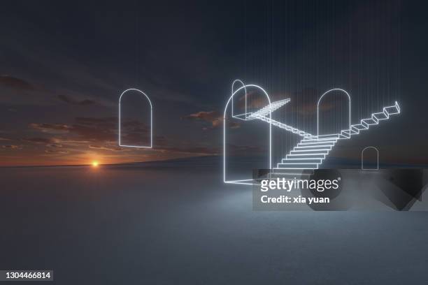 abstract neon light door and staircase on snow covered field at sunset - digital composite stock-fotos und bilder