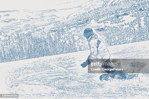 one young man snowboarding on a montana mountain - bozeman stock illustrations