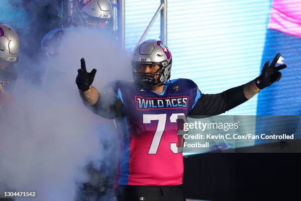 Jeremiah Poutasi of the Wild Aces celebrates during player introductions before a Fan Controlled Football game against the Zappers at Infinite Energy...