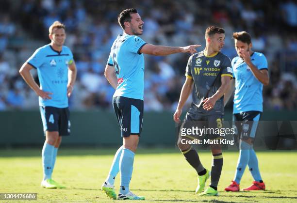 Ryan McGowan of Sydney FC speaks to team mates during the A-League match between Sydney FC and Macarthur FC at Netstrata Jubilee Stadium, on February...