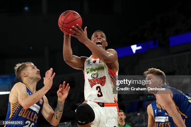 Scott Machado of the Taipans drives at the basket during the NBL Cup match between the Brisbane Bullets and the Cairns Taipans at John Cain Arena on...