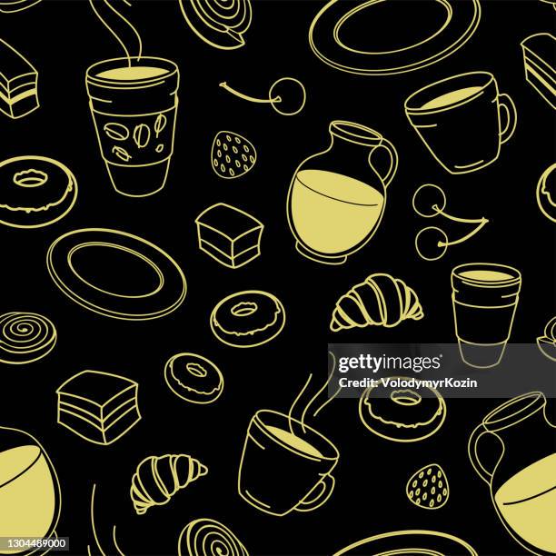 seamless set of sketches pies and desserts, symbolizing a coffee shop - pastry dough stock illustrations