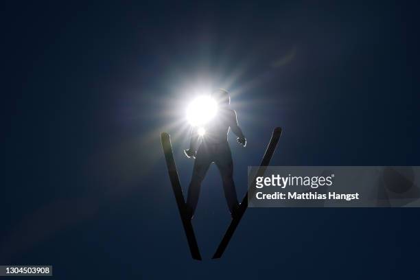 Alessandro Pittin of Italy competes during the ski jumping leg as part of Men's Nordic Combined Team HS106/4x5 Km at the FIS Nordic World Ski...