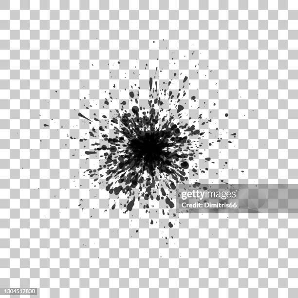 black ink splatter on checked background formed by individual particles. - ink explosion stock illustrations
