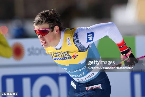 Johannes Hoesflot Klaebo of Norway competes during the Men's Cross Country Team Sprint Finals at the FIS Nordic World Ski Championships Oberstdorf at...