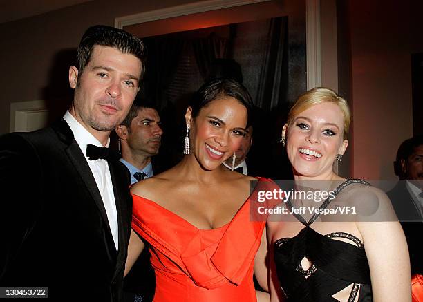 Musician Robin Thicke, actress Paula Patton and actress Elizabeth Banks attend the 2010 Vanity Fair Oscar Party hosted by Graydon Carter at the...