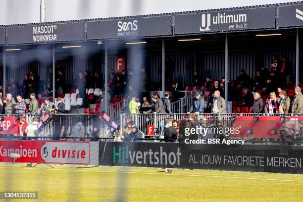 Fans of Almere City FC are seen participating in a Fieldlab pilot with fans in the stadium ahead of Almere City FC v SC Cambuur on February 28, 2021...