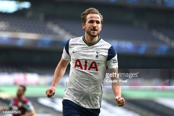 Harry Kane of Tottenham Hotspur celebrates after scoring their side's second goal during the Premier League match between Tottenham Hotspur and...