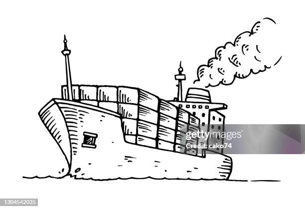 handgezeichnetes frachtschiff - luftverschmutzung stock-grafiken, -clipart, -cartoons und -symbole