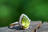 Jewelry ring with chrysolite close-up.