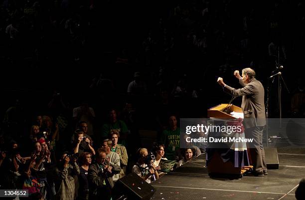 Green Party presidential candidate Ralph Nader speaks at a campaign rally in the Long Beach Arena, November 3 in Long Beach, CA. The Democratic Party...