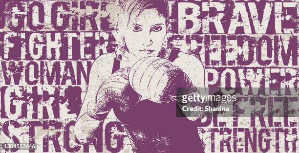 ilustrações de stock, clip art, desenhos animados e ícones de boxing woman over empowering words - banner - boxe feminino