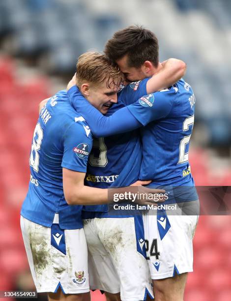 Murray Davidson of St Johnstone celebrates victory with team mate Callum Booth following the Betfred Cup Final match between Livingston and St...