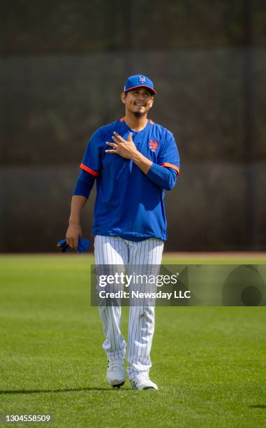 New York Mets pitcher Carlos Carrasco during a spring training workout on Feb. 27 in Port St. Lucie, Florida.