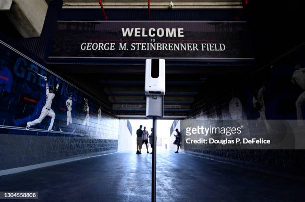 General view of a hand sanitization station at the entrance to the stadium prior to the game between the New York Yankees and the Toronto Blue Jays...