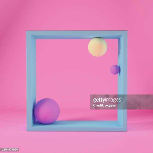 3d render square frame with sphere geometric shape. abstract minimalism pink background - construction frame fotografías e imágenes de stock