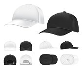 Baseball cap. Black and white blank sports uniform headwear in side, front and back view template. Isolated vector hat mockups