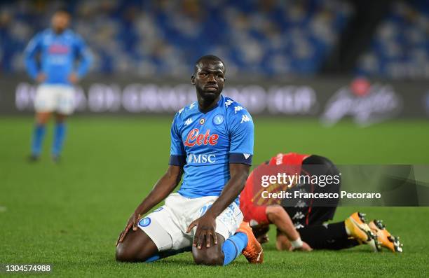 Kalidou Koulibaly of Napoli reacts after being shown a red card during the Serie A match between SSC Napoli and Benevento Calcio at Stadio Diego...