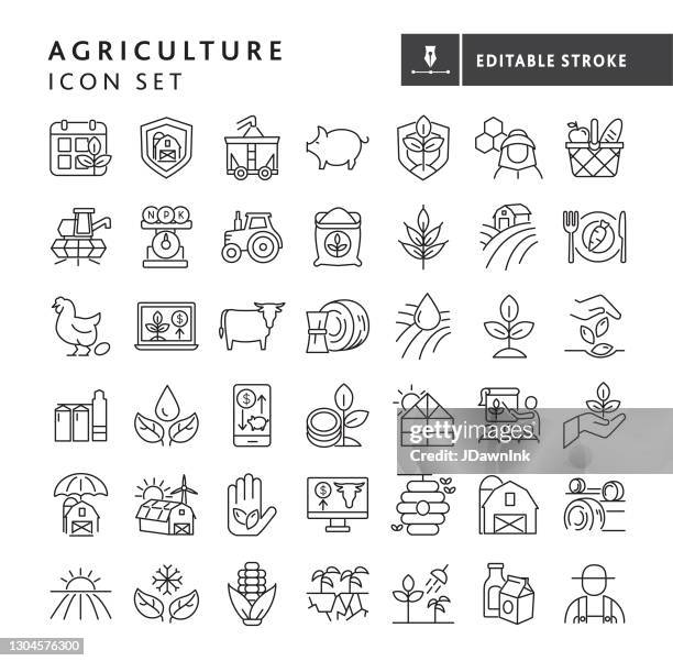 現代の農場と農業アイコンの概念細い線のスタイル - 編集可能なストローク - agriculture点のイラスト素材／クリップアート素材／マンガ素材／アイコン素材