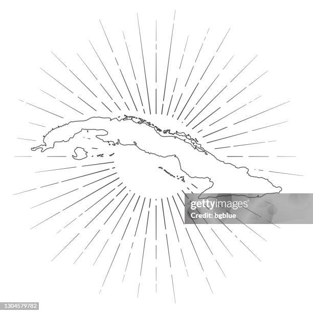 ilustraciones, imágenes clip art, dibujos animados e iconos de stock de mapa de cuba con rayos de sol sobre fondo blanco - cuba