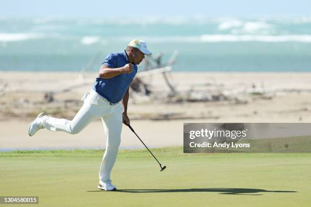 Jhonattan Vegas of Venezuela celebrates his birdie on the 12th green during the final round of the Puerto Rico Open at the Grand Reserve Country Club...