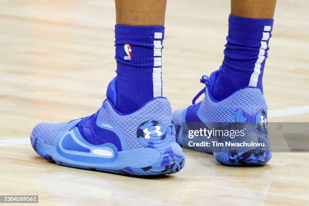 Terrance Ferguson's of the Philadelphia 76ers shoes are seen in a game against the Dallas Mavericks at Wells Fargo Center on February 25, 2021 in...