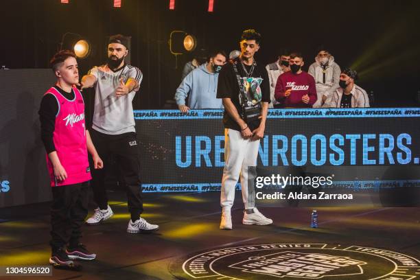 Spanish rap freestylers Gazir and Tirpa perform on stage at the Freestyle Master Series 8th Day by The Urban Roosters on February 27, 2021 in Madrid,...